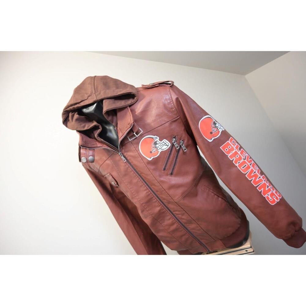 NFL Cleveland Browns Pleather Military Cargo Jacket‎ Hooded Mens Size Large